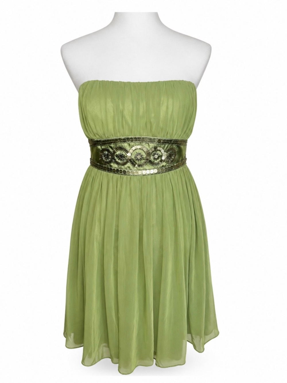 London Times Olive Green Strapless Chiffon Dress With Embellished Waist